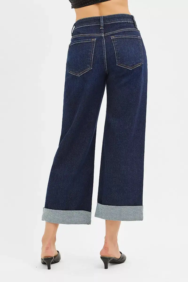 Mid Rise Cuffed Hem Wide Leg Jeans