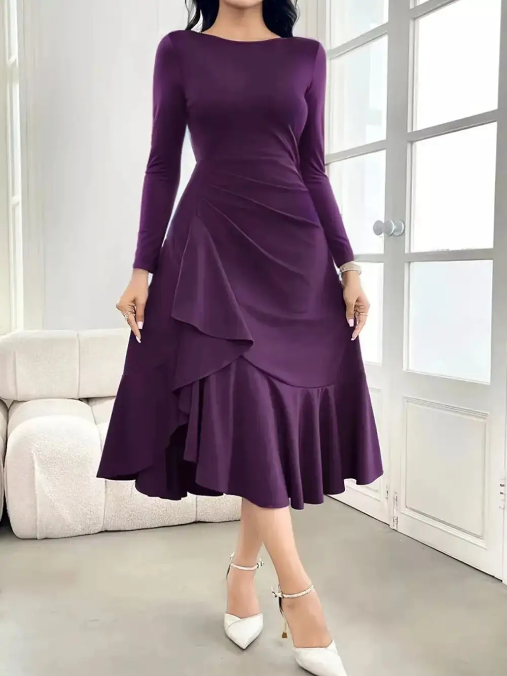Ruffle Long Sleeve Midi Dress