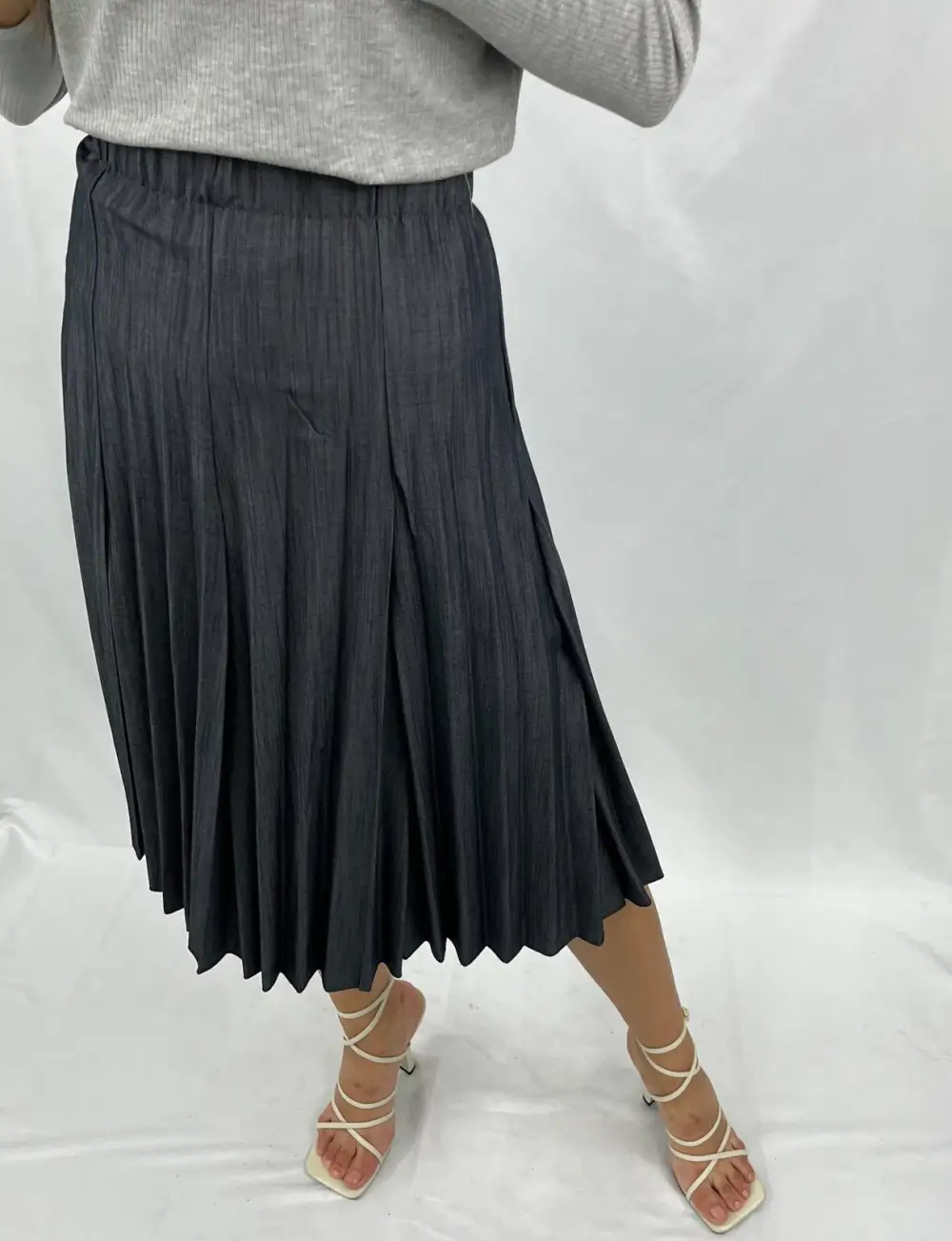 Denim Pleated Flare Skirt