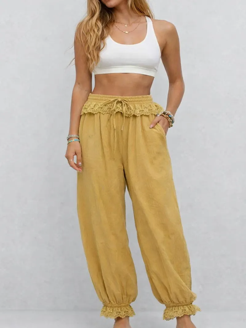 Lace Lantern Leg Elastic Waist Drawstring Pants