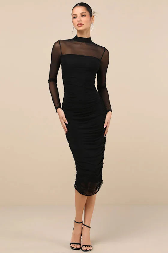 Impressive Flirt Black Mesh Ruched Mock Neck Midi Dress