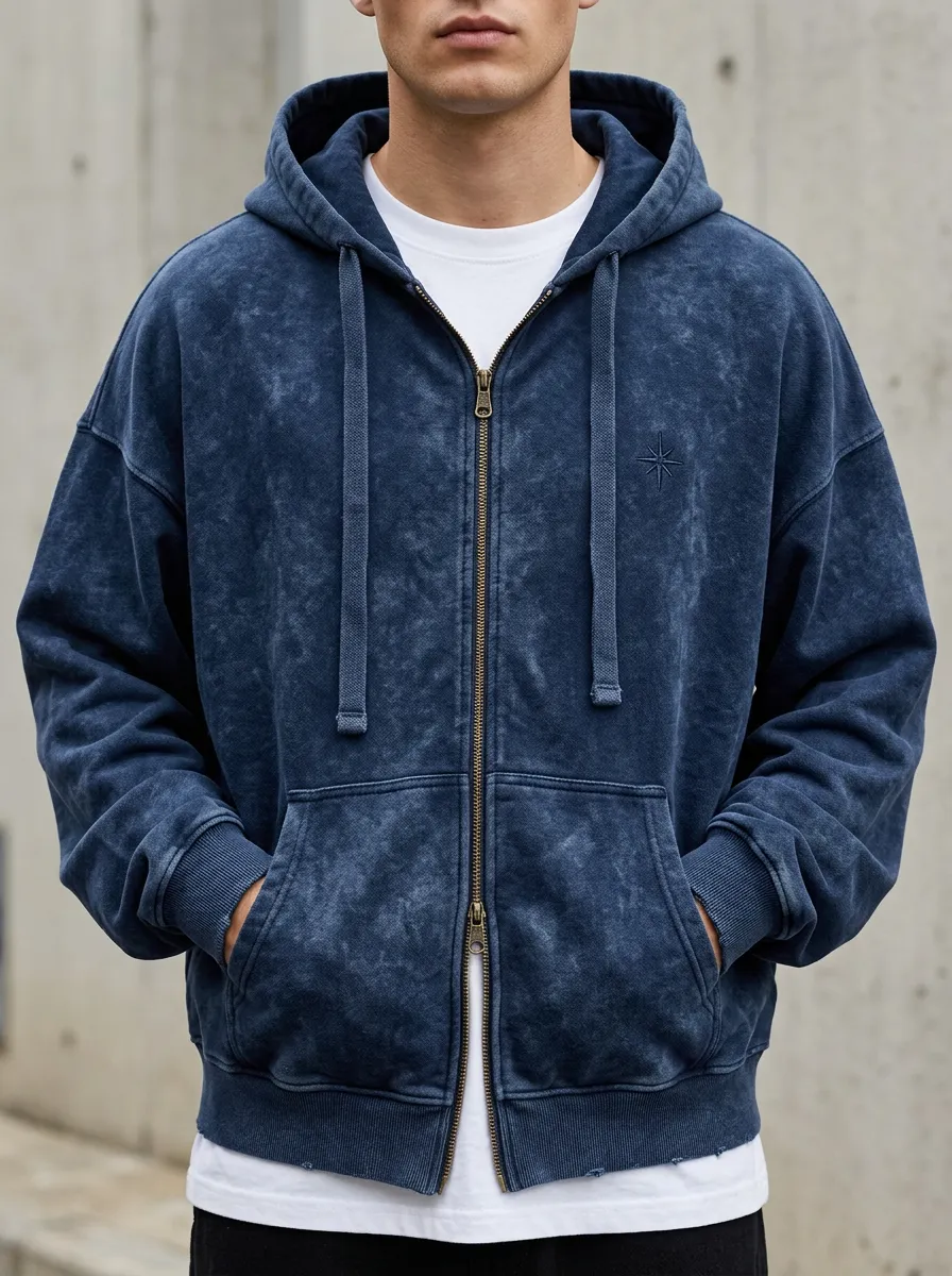 Men's Vintage Washed Navy Star Embroidered Zip Up Hoodie