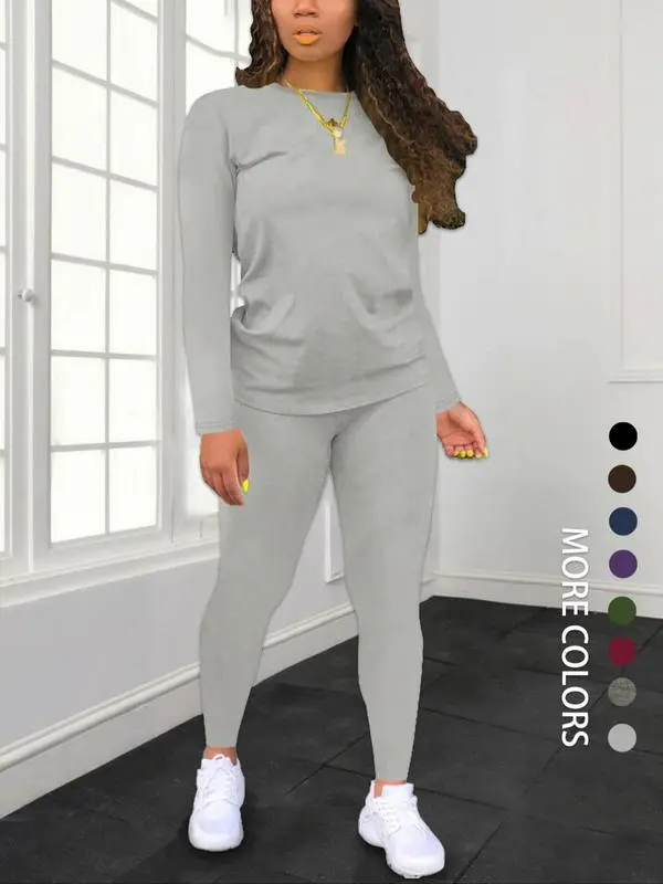 Women's Minimalist Chic Solid Long Sleeve Tee & Elastic Waist Pants Set