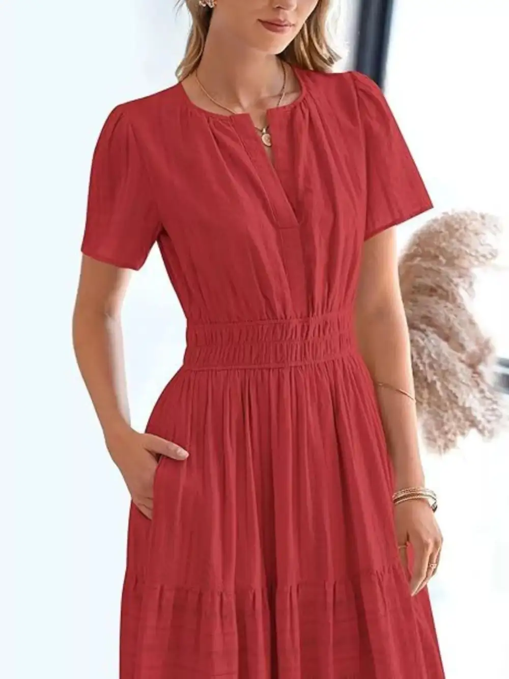Full Size Short Sleeve Tiered Midi Dress Plus Size