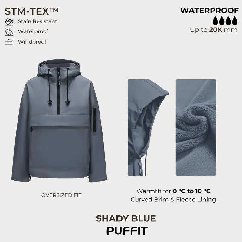 STM-TEX Waterproof Oversized Fall Hoodie Coat – Warm Half Zip Rain Jacket with Adjustable Waist, Hood & Cuffs