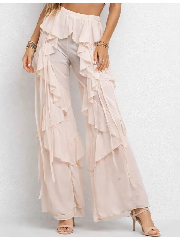 Boho Sheer Ruffle Elastic Waist Flared Leg Pants