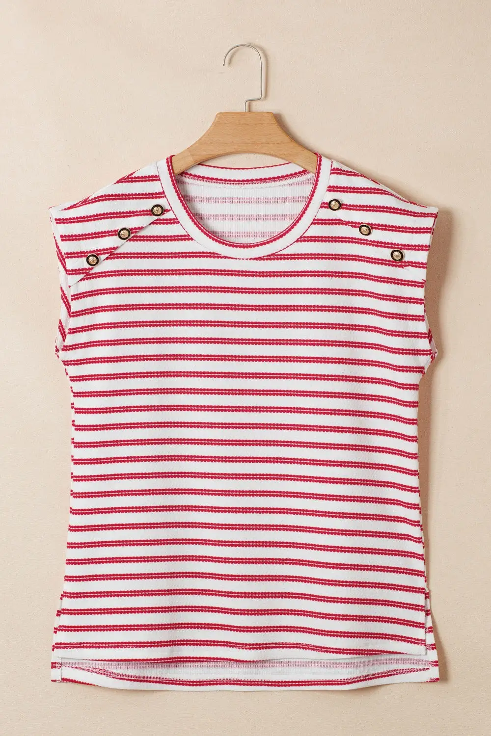 Stripe Textured Knit Button Detail Short Sleeve Casual T-Shirt
