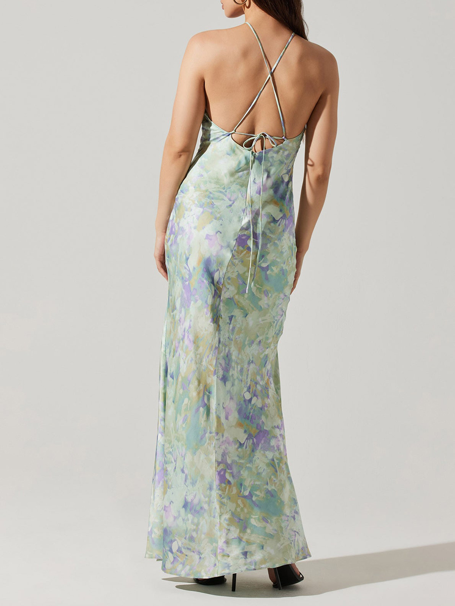 Sexy Halter Neck Open Back Satin Print Maxi Dress