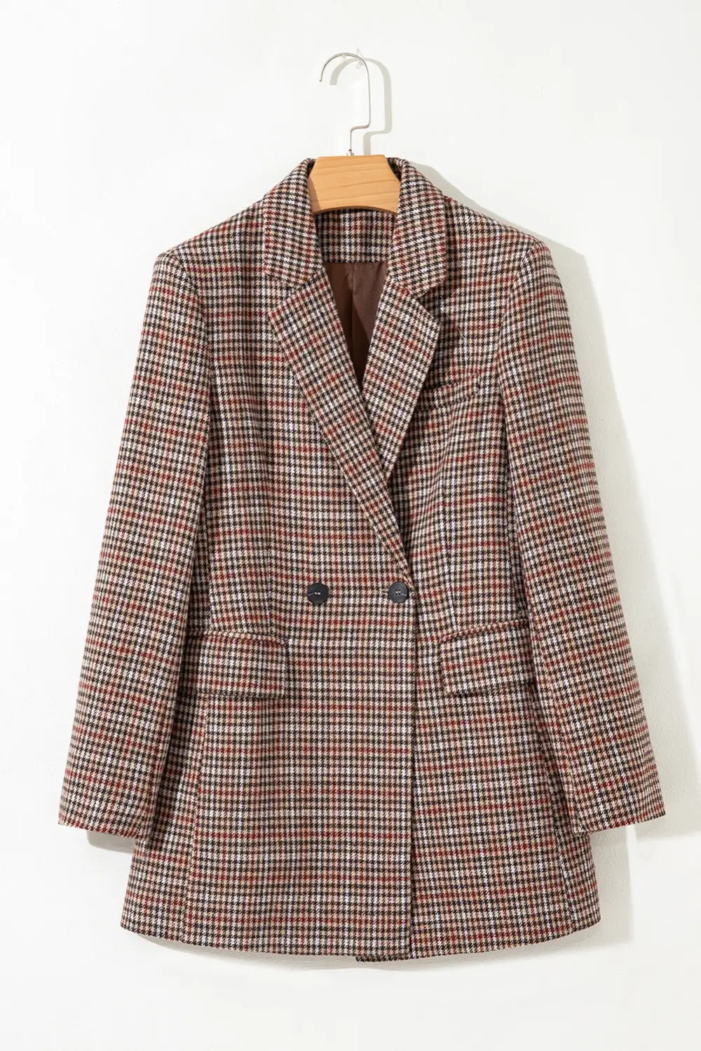 Double-Breasted Lapel-Collar Houndstooth Blazer