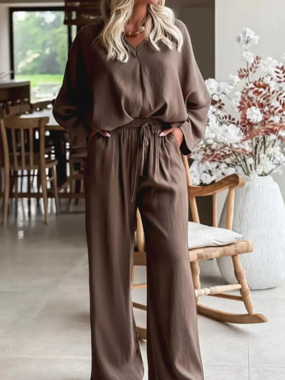 Braided V Neck Long Sleeve Loose Top and Drawstring High Waist Pants Pcs Outfit