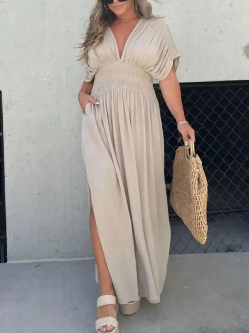 V Neck Smocked Slit Maxi Dress