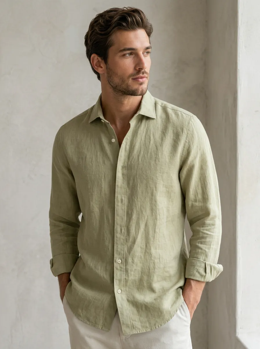 Men's Sage Green Long-Sleeve Button-Down Shirt with Textured Detail