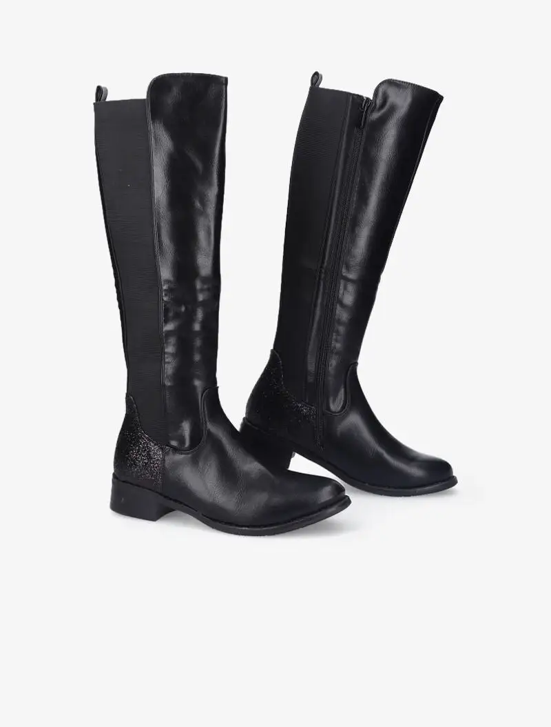 Block Heel Glitter Detail Faux Leather Knee High Boots