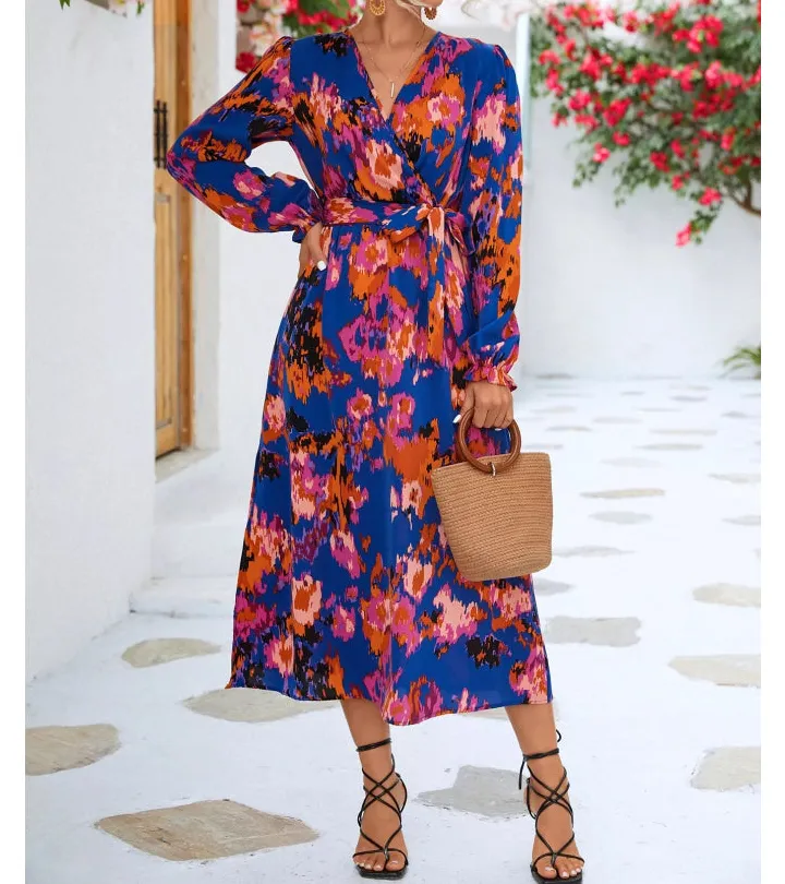 Printed Surplice Long Sleeve Midi Dress