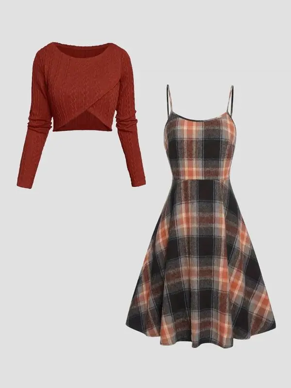 Women's Solid Wrap Hem Round Neck Textured Long Sleeve Crop Top & Plaid Print A-Line Dress Set