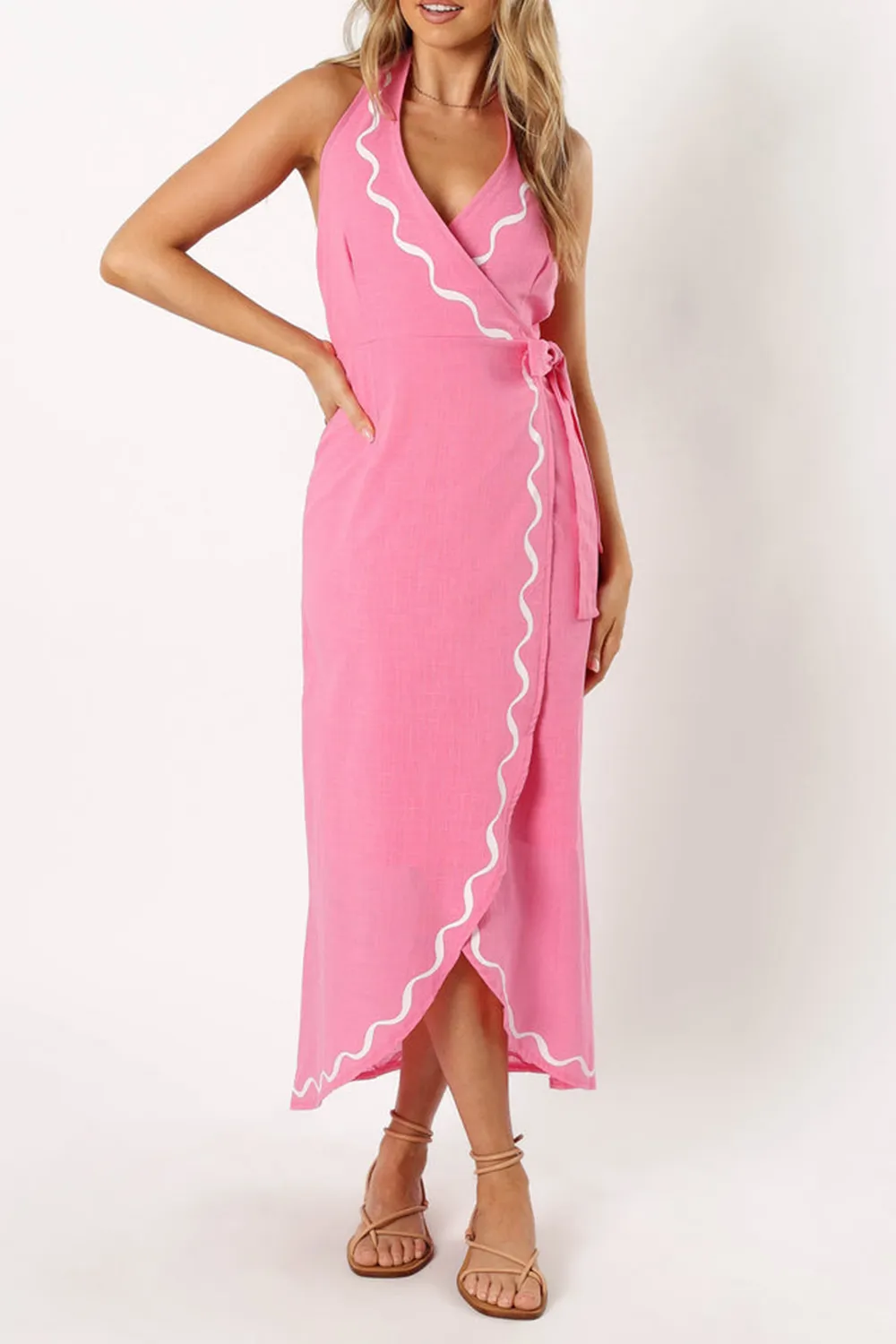 STRIPED PRINT WRAP MIDI  DRESS