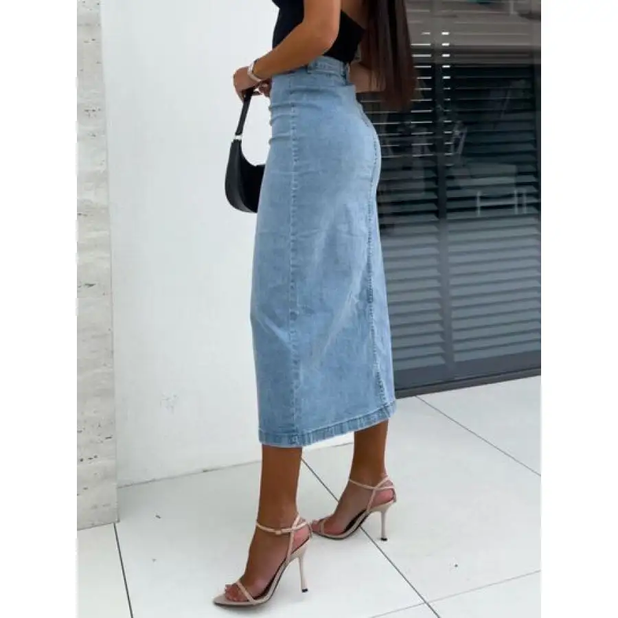 Front Button Slit Midi Denim Skirt