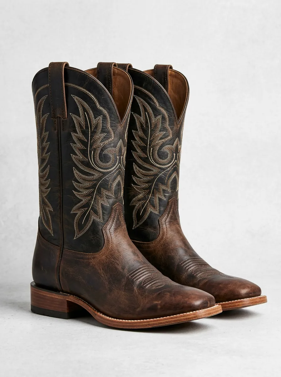Men's Vintage-Inspired Embroidered Distressed Leather-Look Statement Western Cowboy Boots