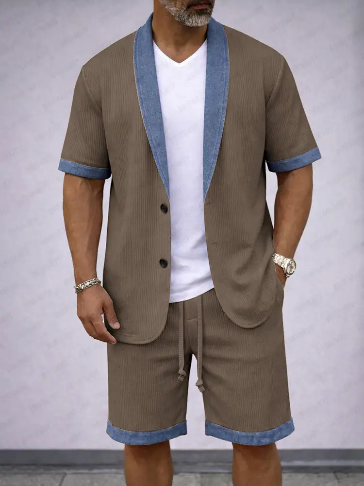Casual Textured Short Sleeve Blazer Jacket and Shorts Set