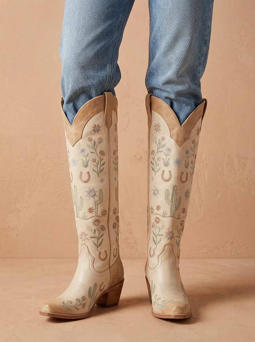 Women's Western Cactus Floral Embroidered Block-Heel Stacked-Heel Southwestern Denim Over-the-Knee Boots