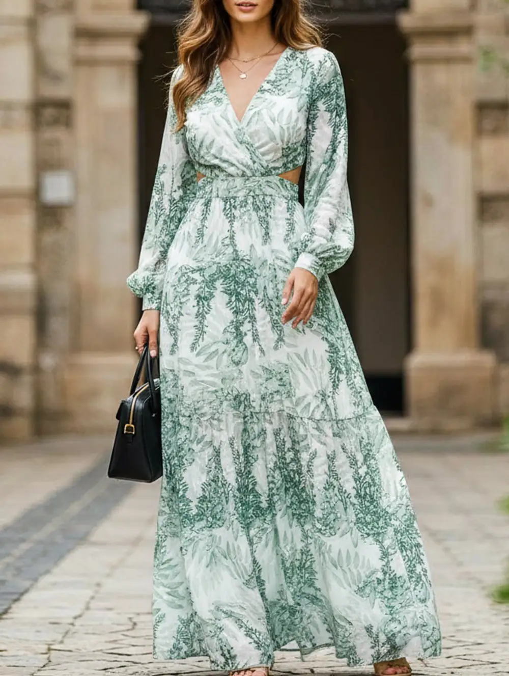 Long Printed V-Neck Long-Sleeved Dress