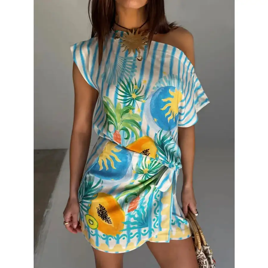 Printed Striped Single Shoulder Top and Skirt Set
