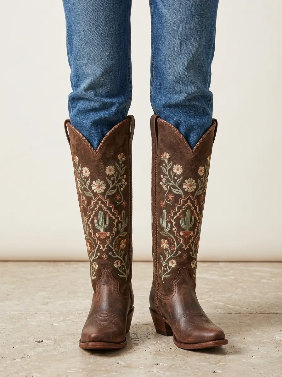 Women's Western Cactus Floral Embroidered Braided Piped Block-Heel Denim Over-the-Knee Boots