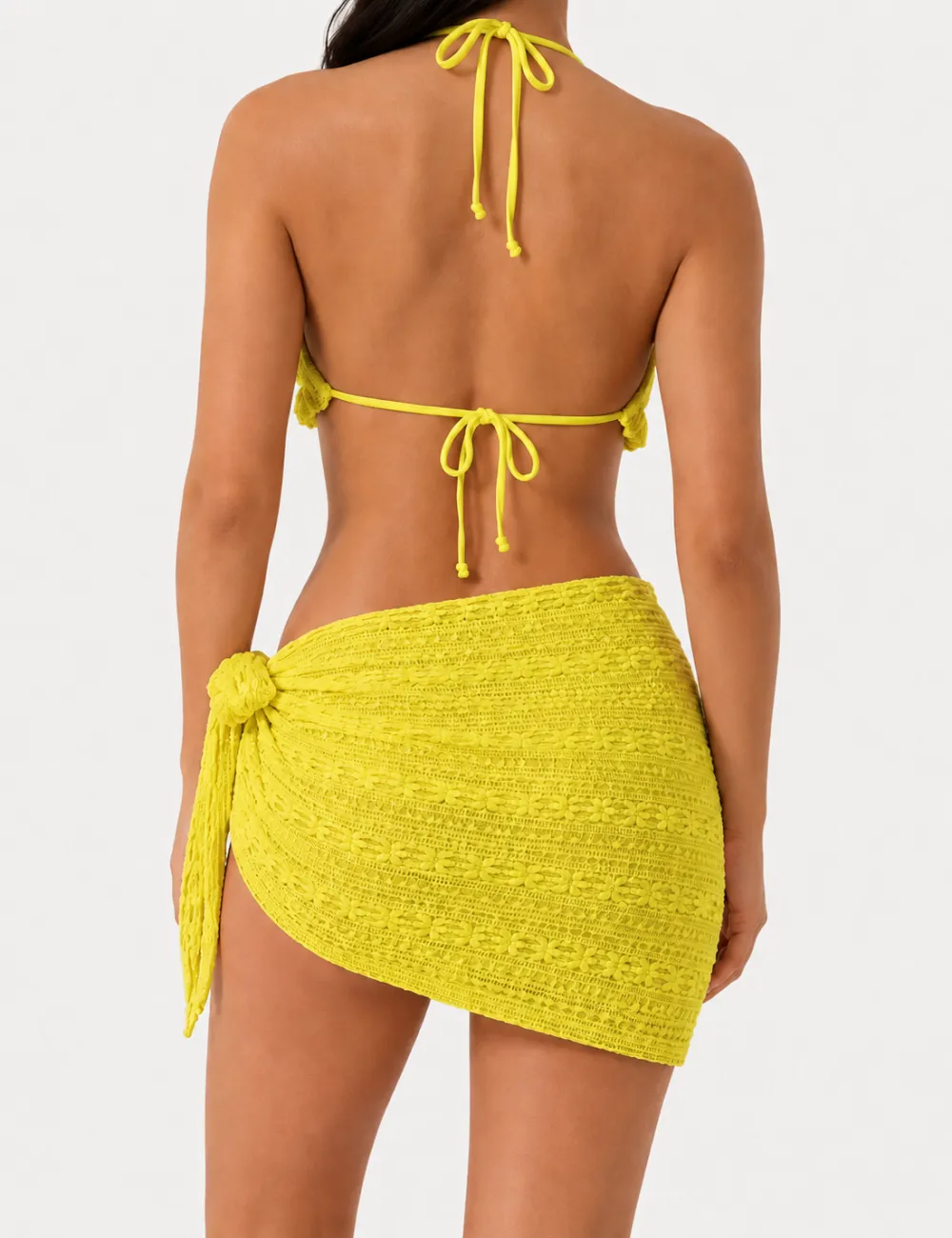 Solid Color Crochet Triangle Bikini Set with Cover Up Skirt