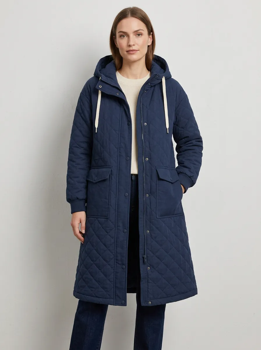 City Printed Quilted Long Hooded Coat