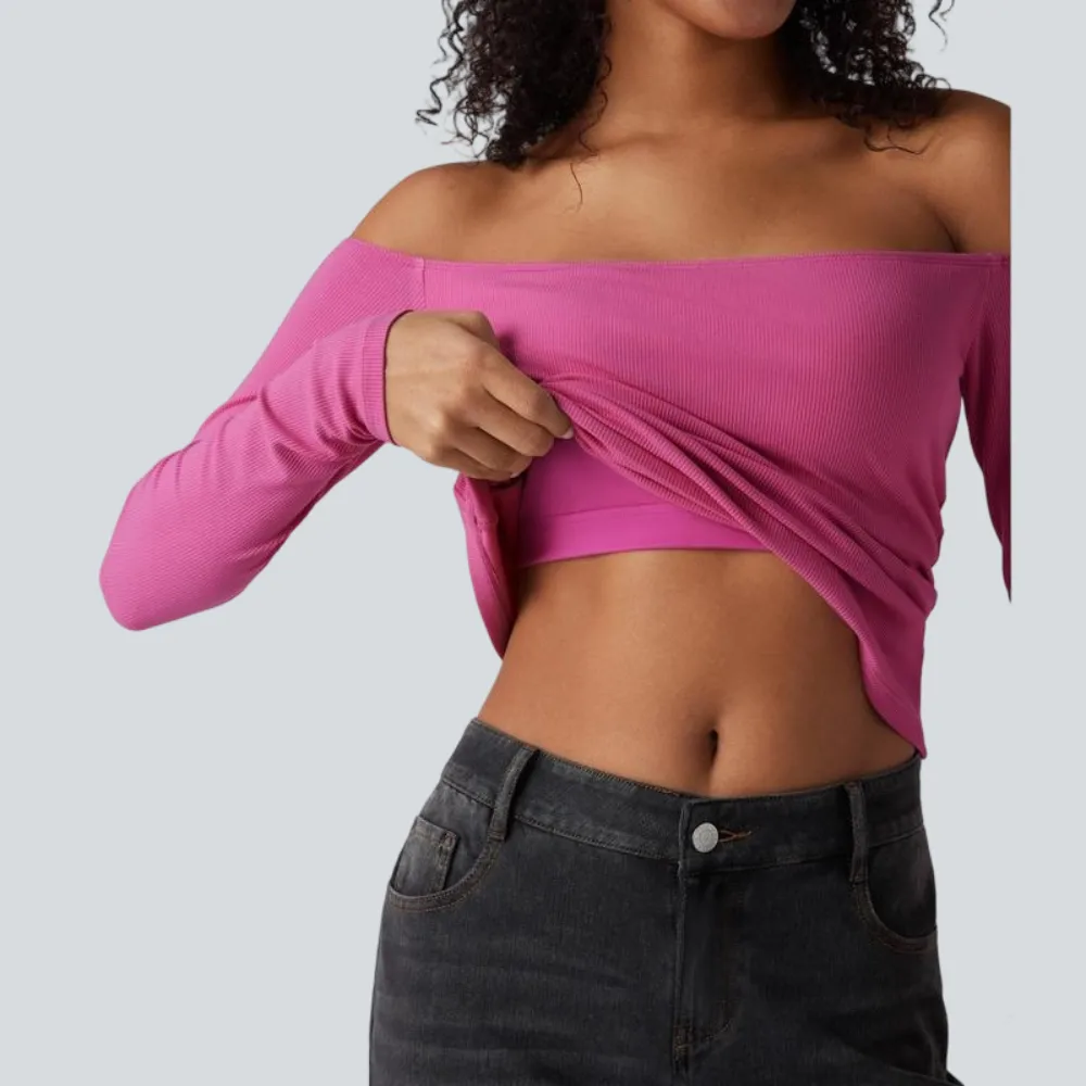 Ribbed Knit Off Shoulder Long Sleeve 2-in-1 Casual Top