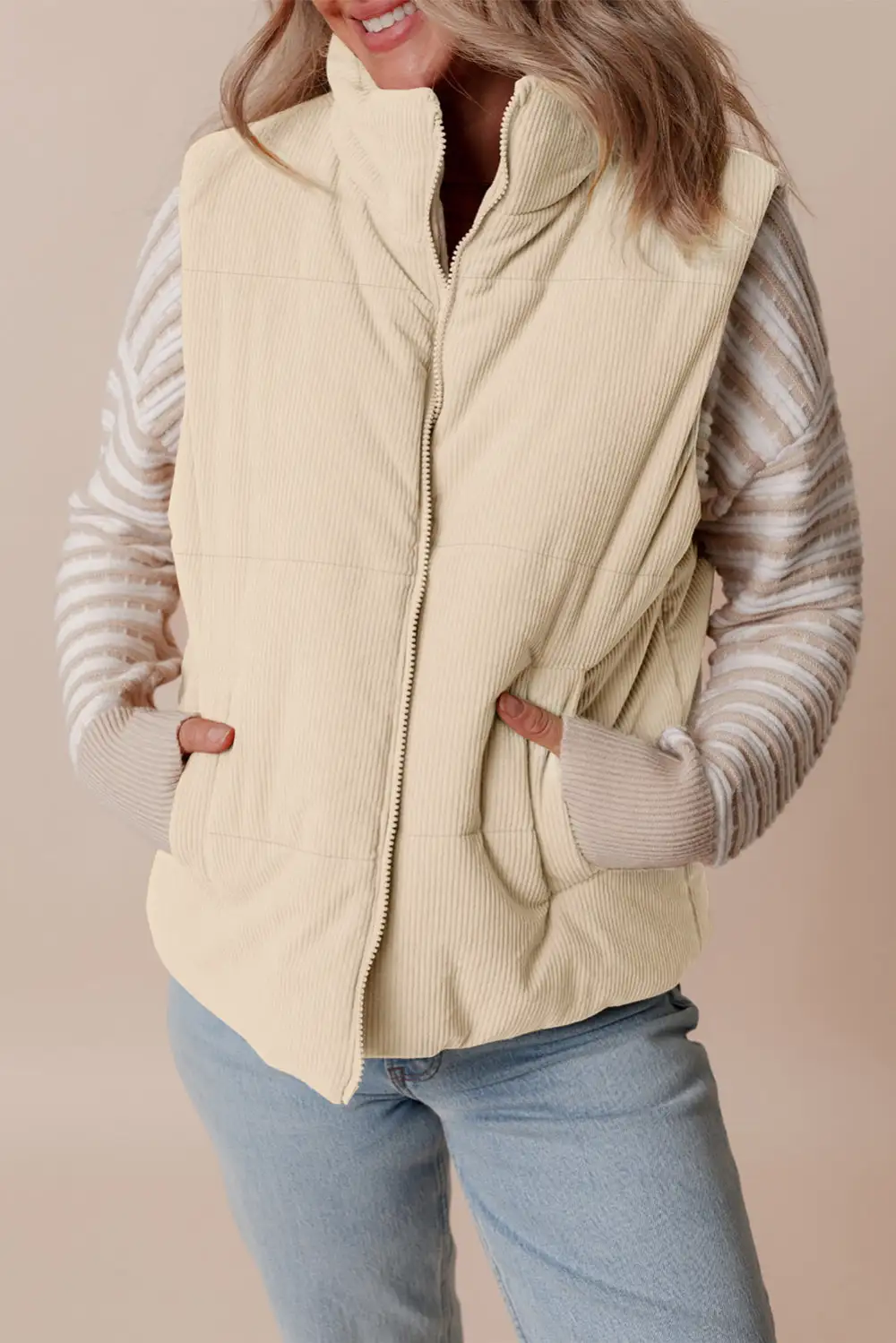 Corduroy Stand Collar Zip Puffer Vest