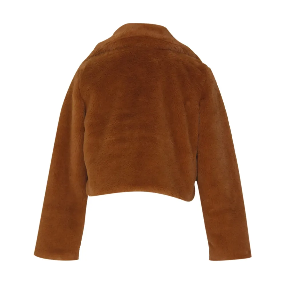 Z2-Brown Faux Fur Coat Women with Hood Cropped Bubble Coats Fleece Short Warm Jackets Plus Size Winter Coats for Women