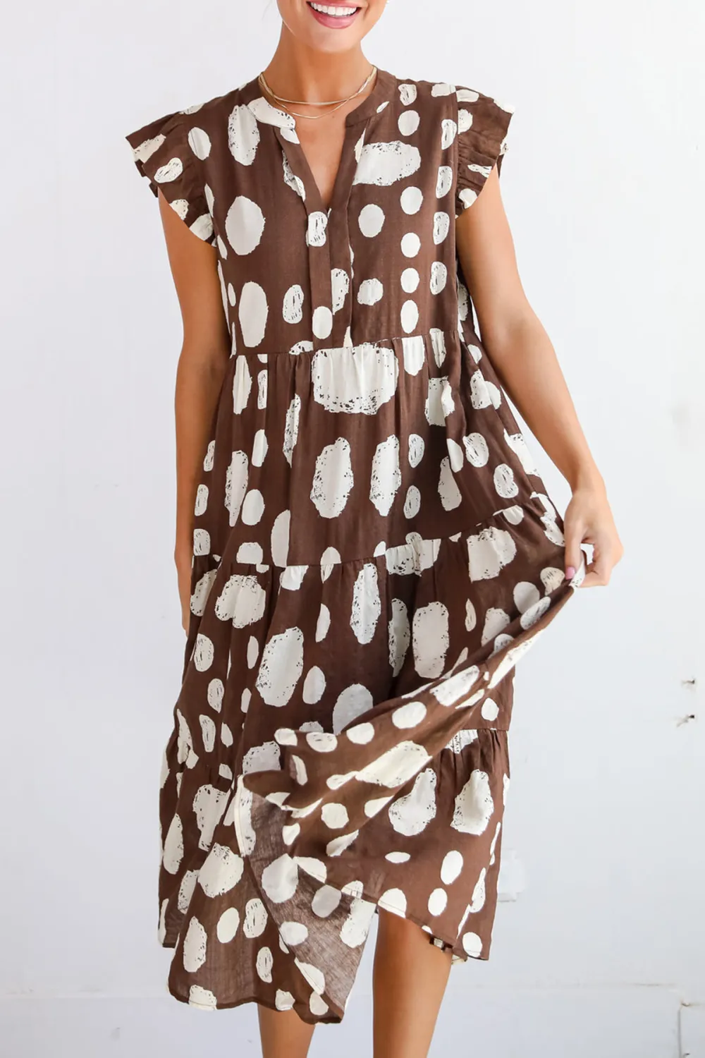 Brown Dotted Tiered Midi Dress