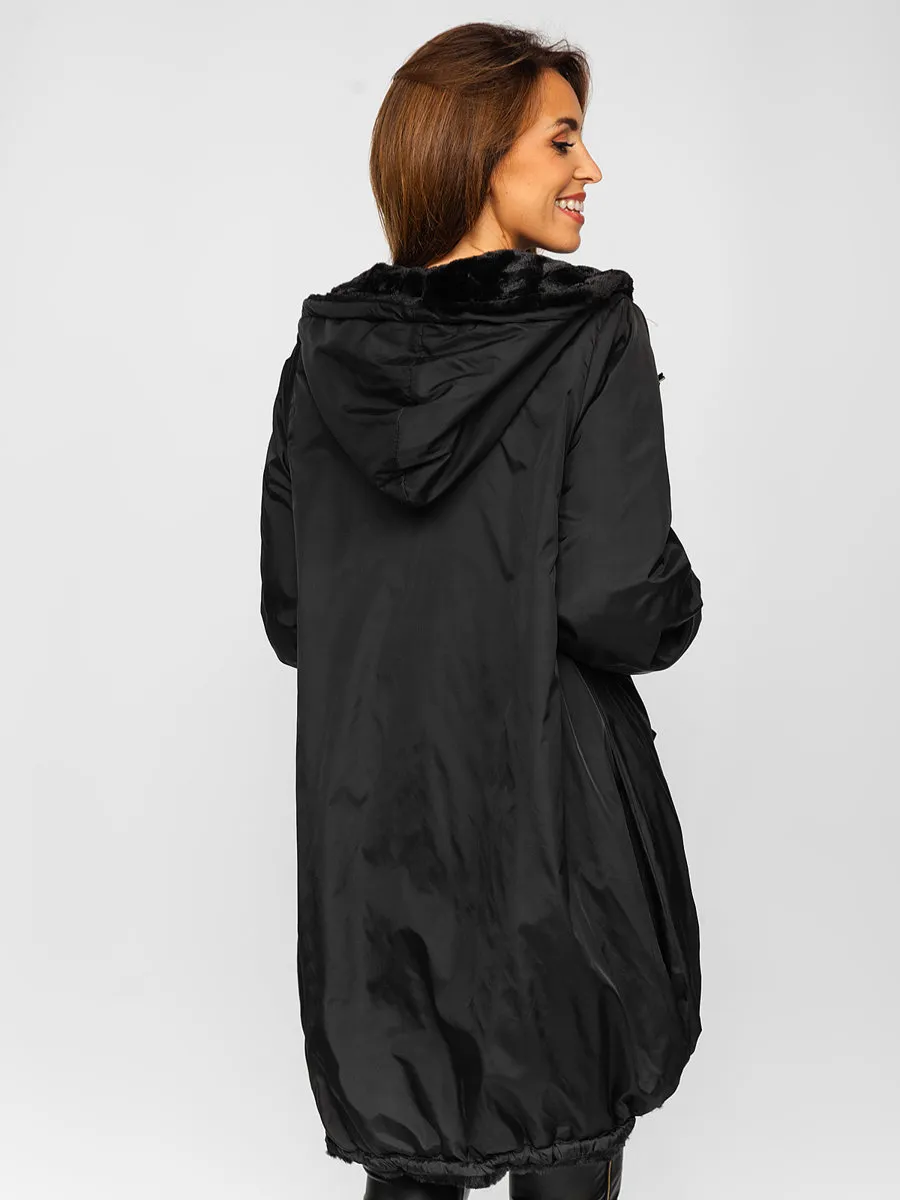 Black Women's Long Quilted Winter Jacket With Hood