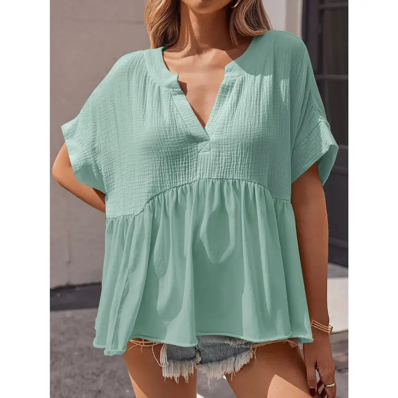 🔥 Women's Summer V-Neck Babydoll Tops | Short Sleeve Pleated Flowy Blouse