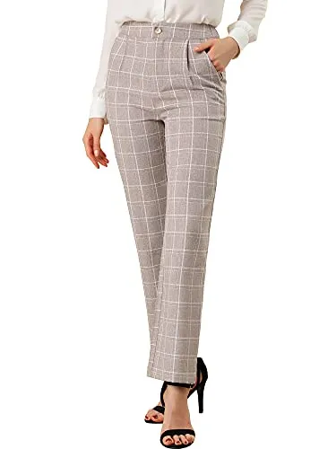 Women's Plaid Pants Elastic Waist Casual Work Office Long Trousers