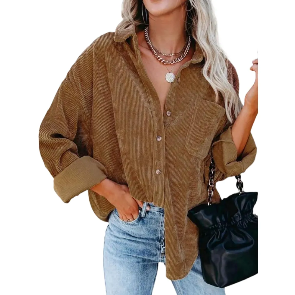 Women's Plain Pocket Button Front Corduroy Shirt