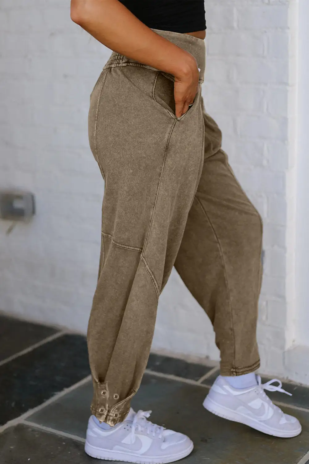 High-Waist High-Rise Relaxed-Fit Smocked-Waist Jogger Pants
