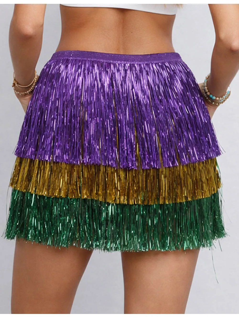 Mardi Gras Fringe Tinsel Elastic Waist Mini Skirt