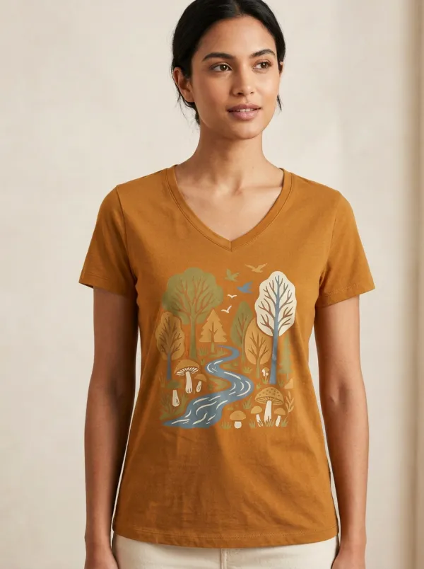 Women's Nature Forest River Mushroom Print V-Neck V-Neckline Clean Finish T-Shirt
