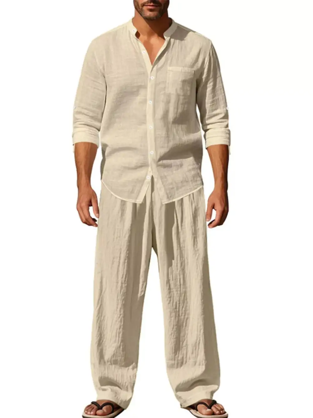 Button Up Long Sleeve Shirt and Pants Two Piece Set