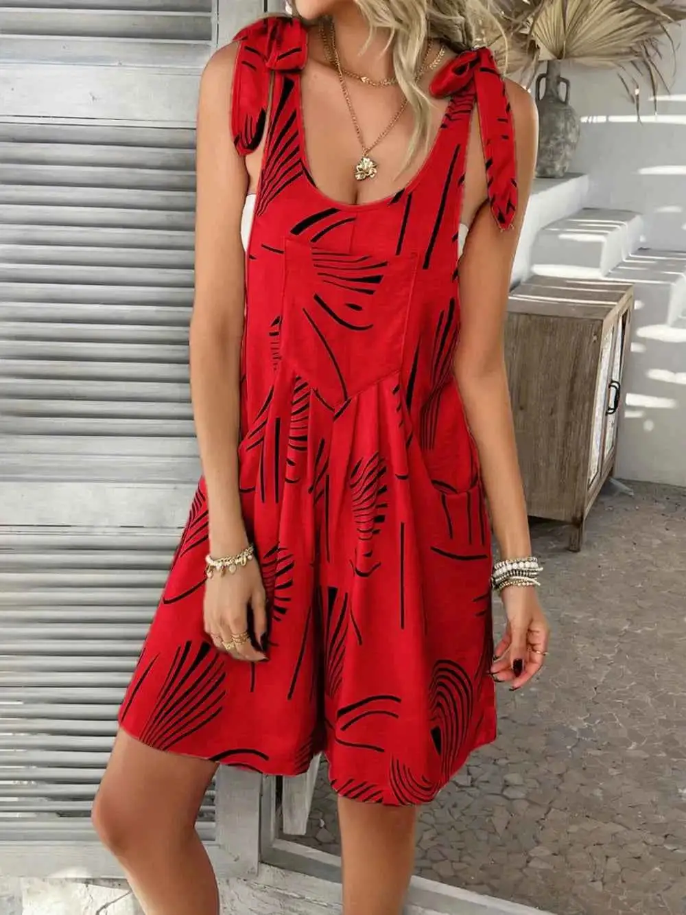 Printed Tie Shoulder Overalls With Pockets