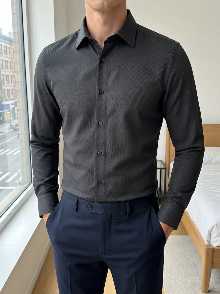 Men's Slim Fit Charcoal Textured Button Down Shirt