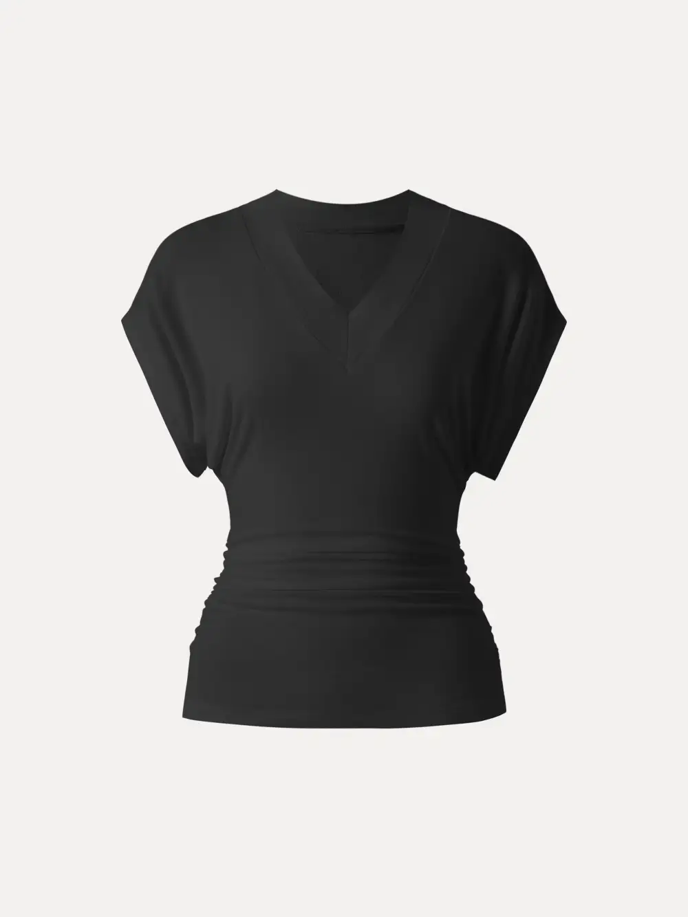 Semi-Sheer Lyocell Cashmere Blend V-Neck Short Sleeve Side Ruched Tee