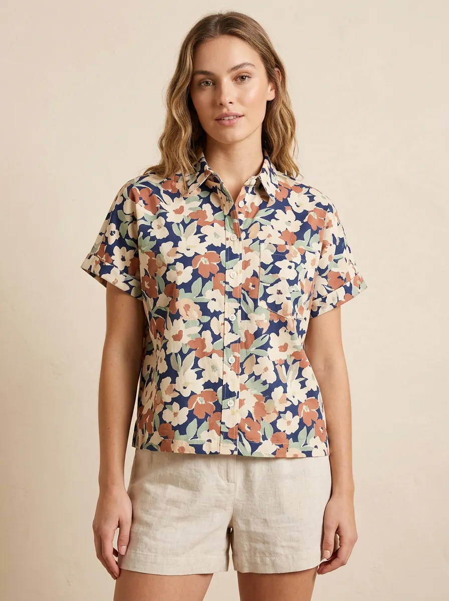 Women's Floral Pattern Navy Blue Printed Button-Up Shirt