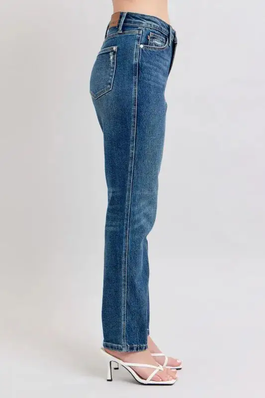 High-Waist Cropped Distressed Washed Straight Leg Jeans