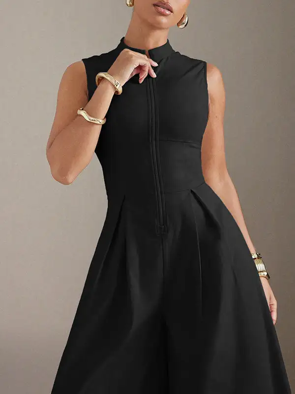 Mouwloze Jumpsuits Met Wijde Pijpen Geplooide Effen Kleur