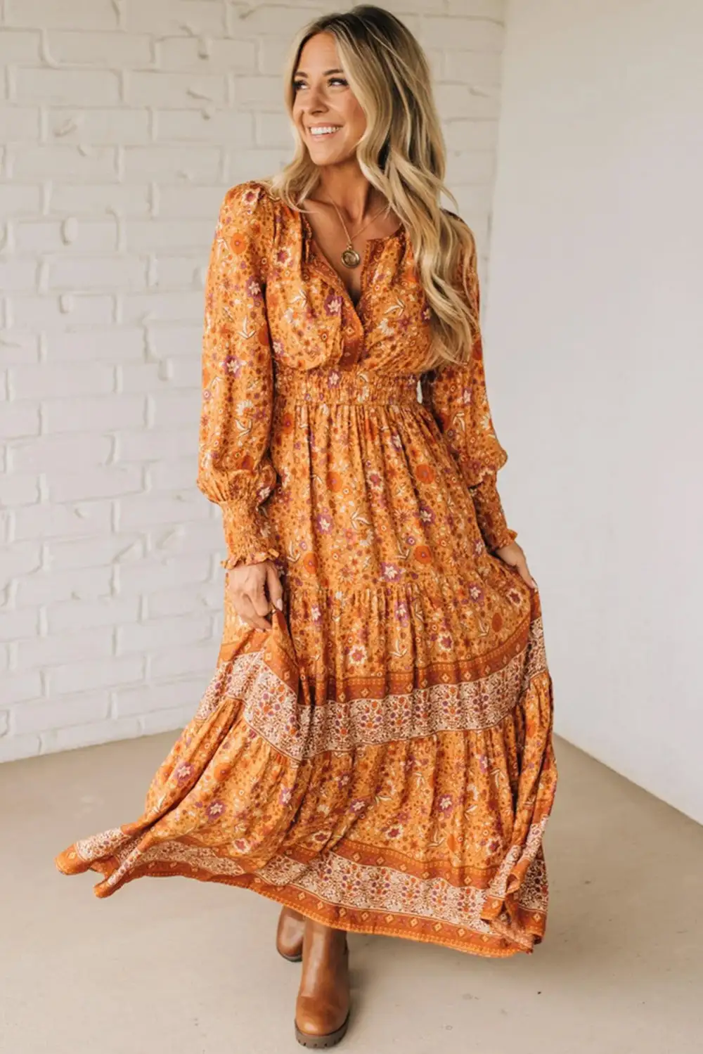 Polished Detail Floral Printed Smocked Maxi Dress