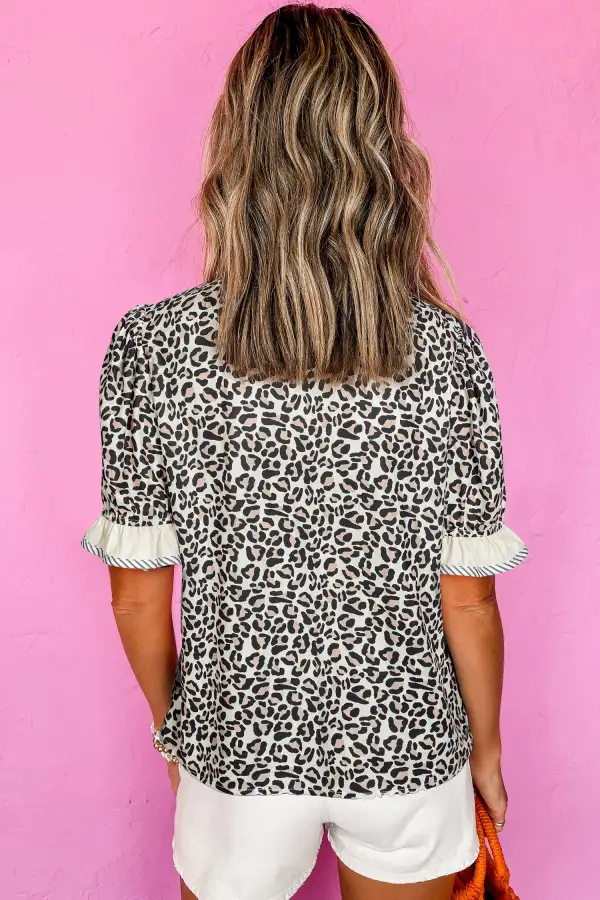 Black Leopard Print Striped Ruffled Color Block Trim V Neck Short Sleeve Blouse