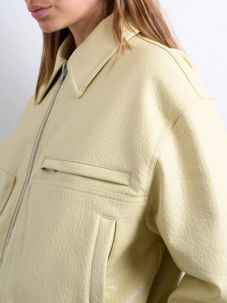 Leather Ruched Zip Up Jacket